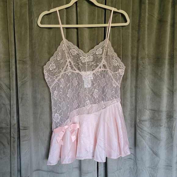 Vintage Coquette Girlypop Feminine Girly Balletcore Sheer Lace Pink Slip Dress - Picture 9 of 11